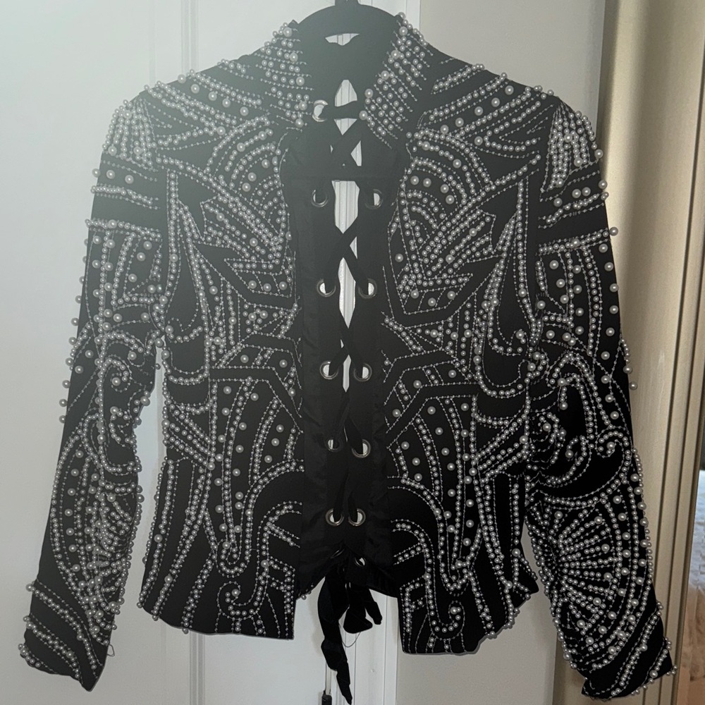 Black and White Beaded Jacket with Lace-Up Front